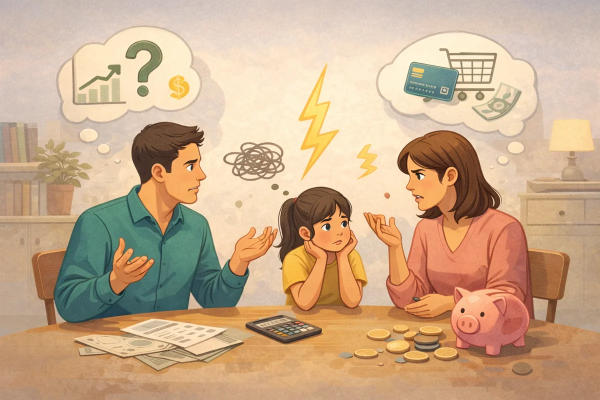 食卓を囲む家族の間に張りつめた空気が漂い、手前の貯金箱と小銭、奥の会話の揺れが伝わる室内の光景