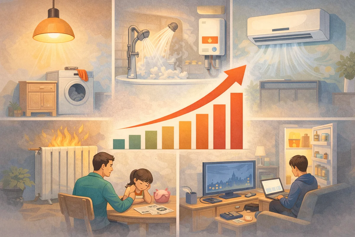 家の暮らしの場面が奥へ連なる室内で、照明や給湯・家電の気配が重なり、手前に請求書が積もる様子