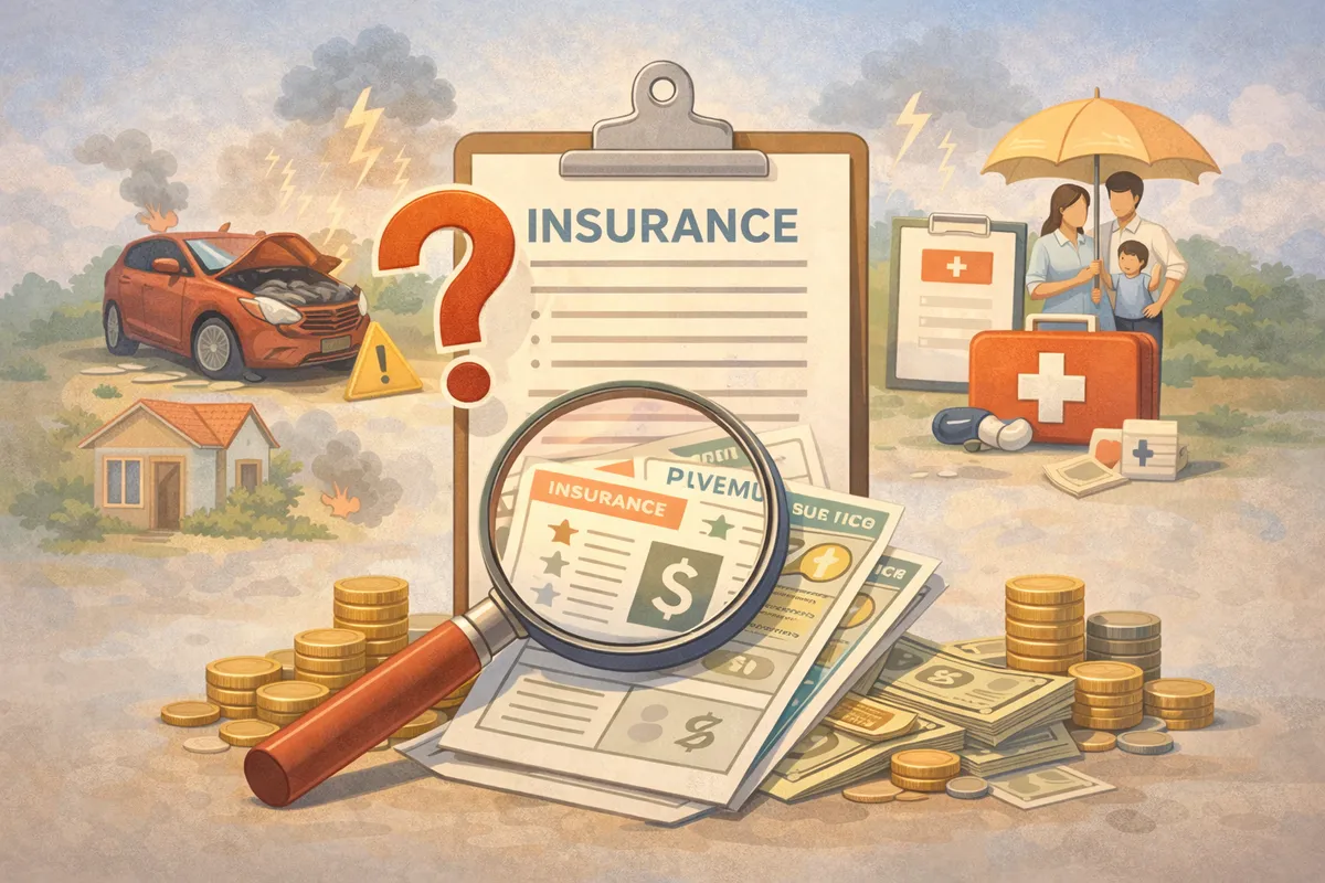 保険の書類を虫眼鏡で見つめる手前に請求書と硬貨が重なり、奥に車や住まいの不安の気配が漂う背景