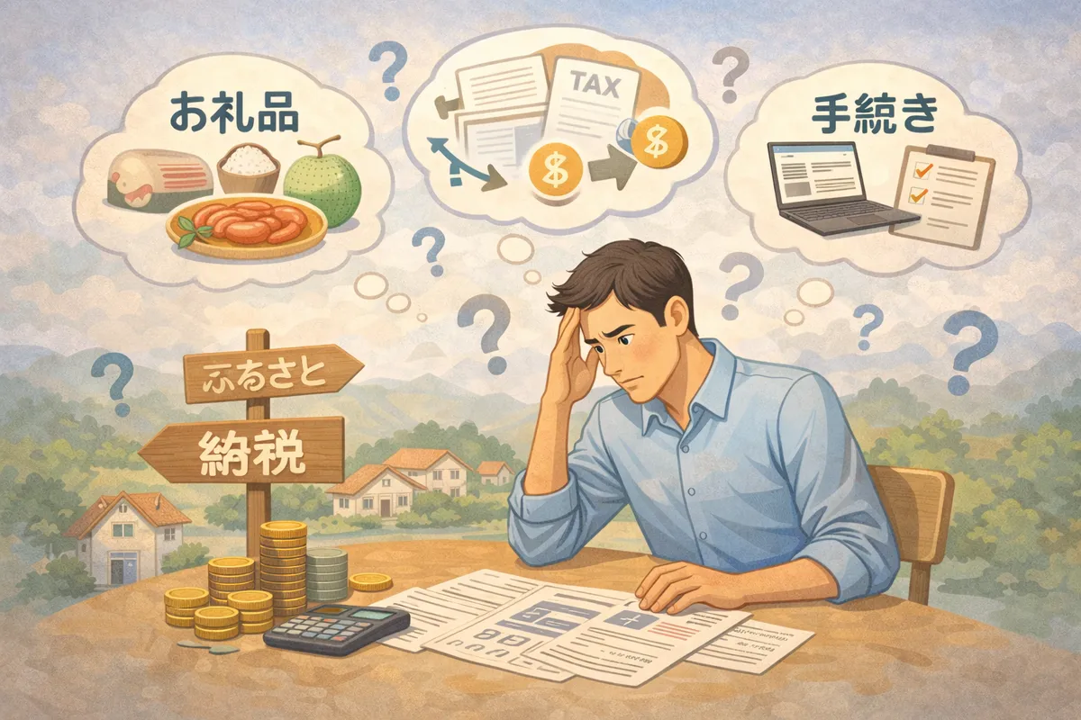 書類と電卓が広がる机で考え込む人の前に硬貨が積まれ、奥に地域の風景がぼんやり続く構図