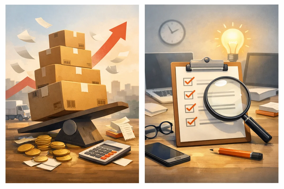 段ボール箱と硬貨が机上にあり、奥へ運送車が遠ざかる奥行きのある構図