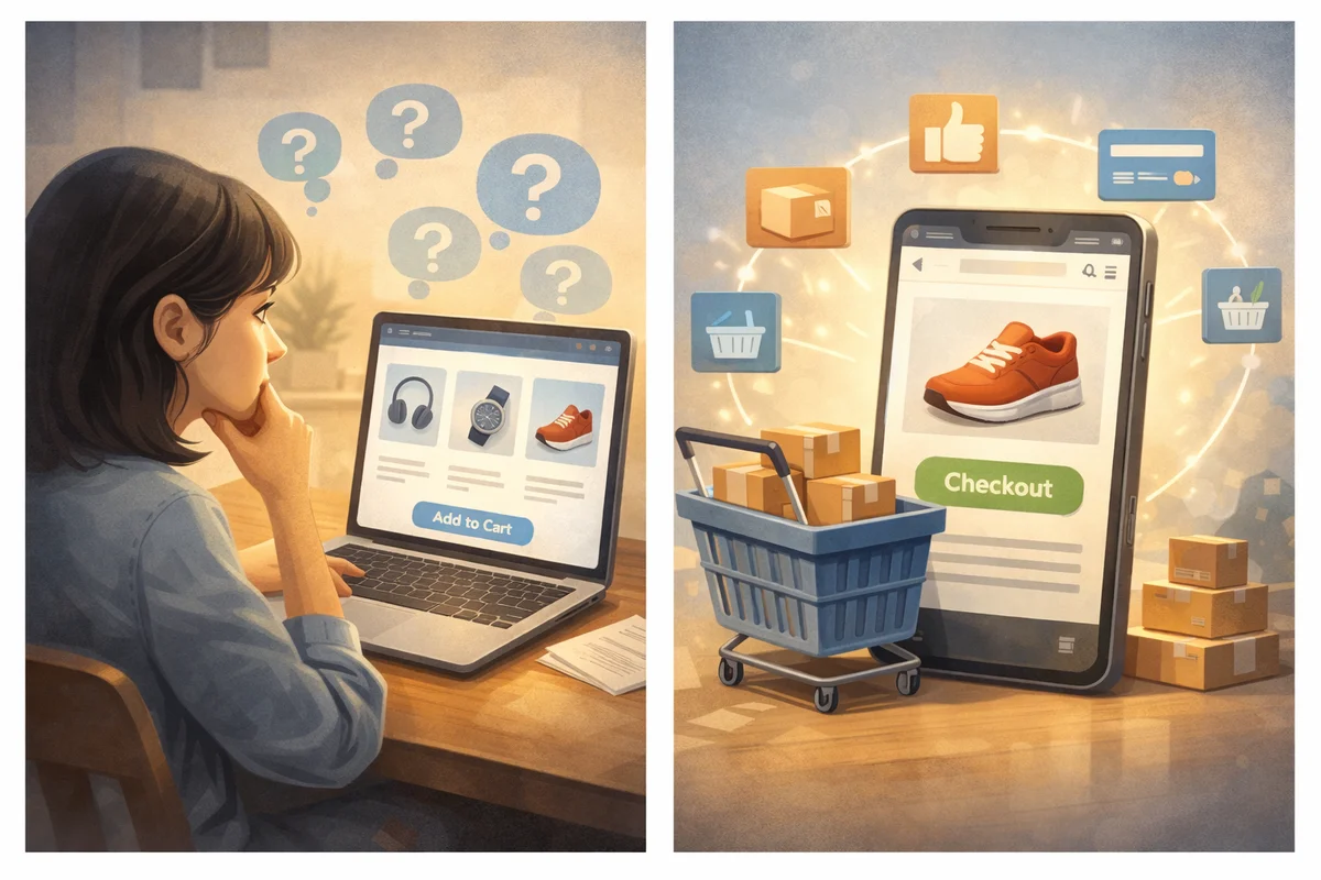 ノートPC前の人物の手元に買い物かごが置かれ、奥に商品一覧画面がぼんやり広がる構図