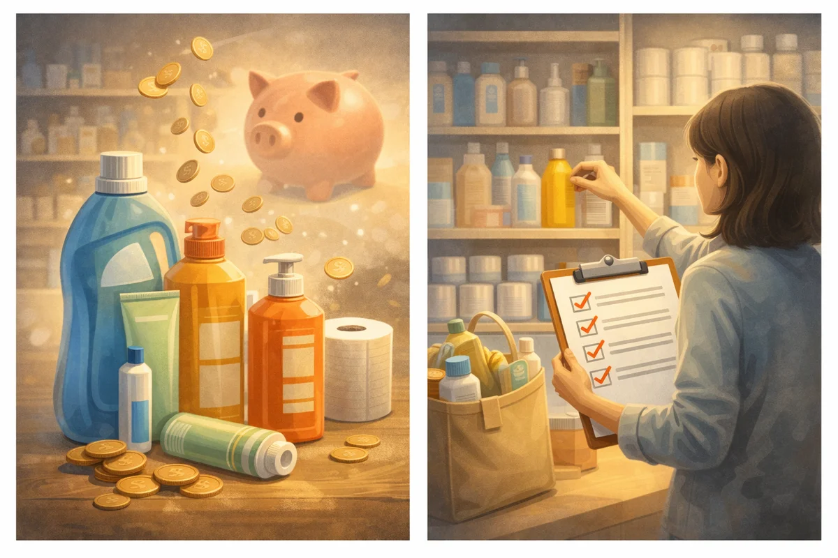 洗剤や紙類が手前に並び、奥の棚へ視線が抜ける中で硬貨が貯金箱へ流れる奥行き構図