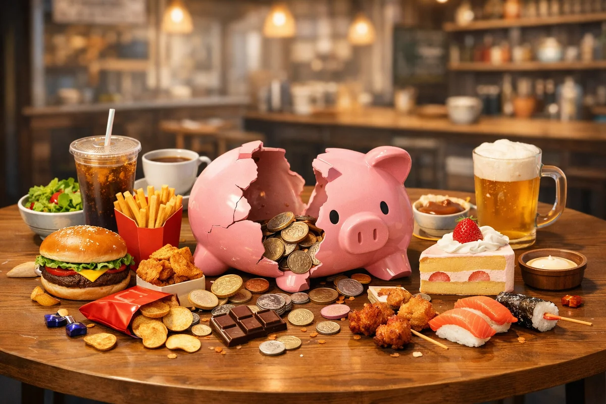 割れたピンクの貯金箱が木のテーブル中央にあり、こぼれた硬貨が手前へ広がり奥にカフェの灯りがぼける構図