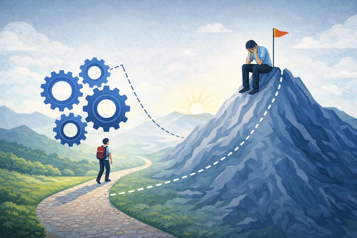 青い山の斜面に点線の道が奥へ続き、麓の歯車が浮かぶ広い谷の空間の中で小さな旅人が進む構図