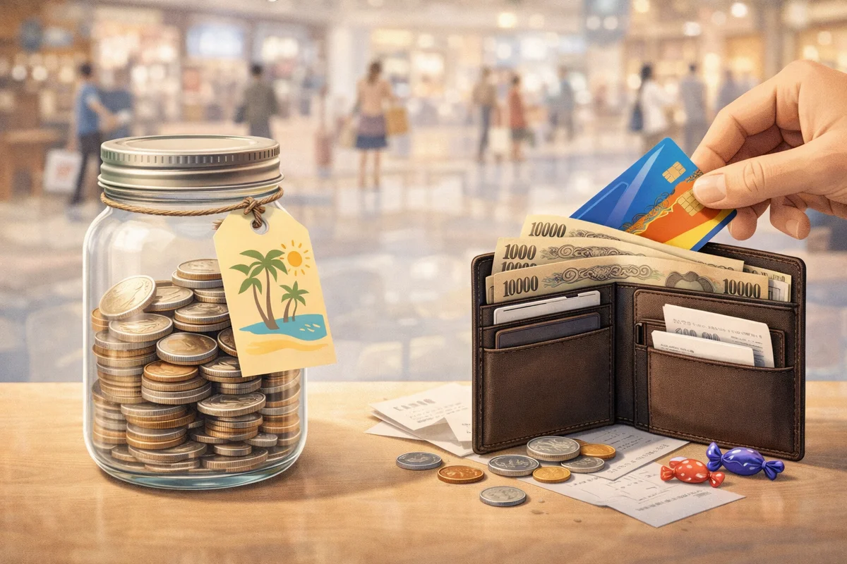 コインの入ったガラス瓶が手前左に置かれ、奥にぼけた店内へ続く空間で右側の財布にカードを差し込む手が見える構図