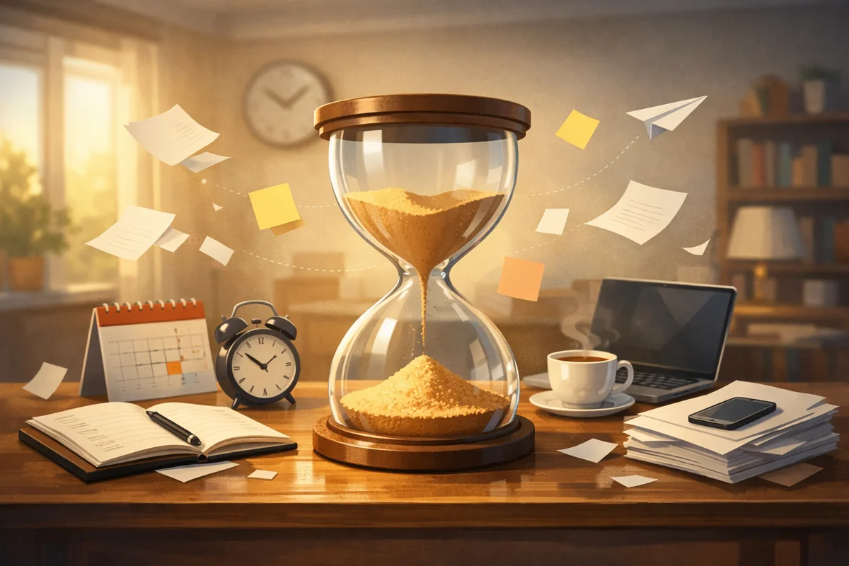 机上の砂時計と散らばる付箋が手前、奥にぼんやり続く通路で時間の抜けを示す静かな室内