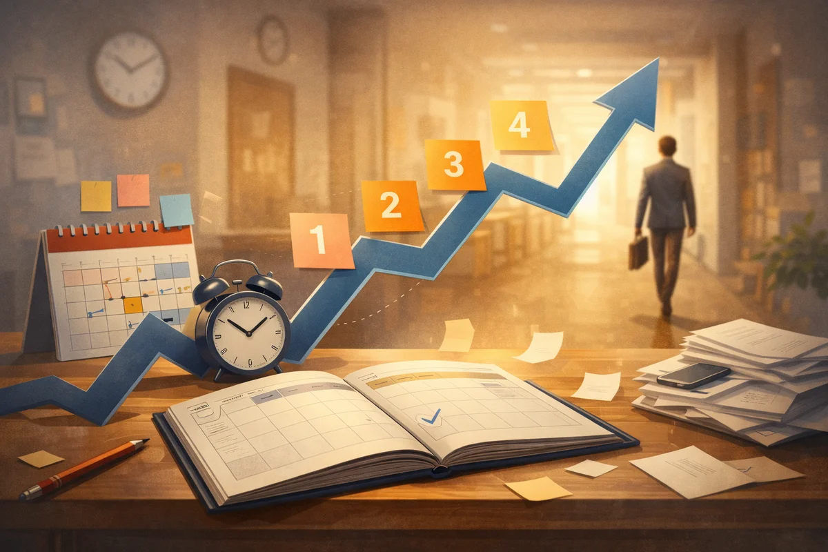 机上の手帳と目覚まし時計が手前に置かれ、奥へ続く廊下の光に向かって小さな人物が進む構図