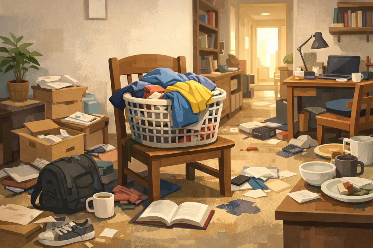 椅子に載った洗濯かごが散らかった部屋の中央にあり、床に紙や食器が点在し奥の明るい廊下へ抜ける