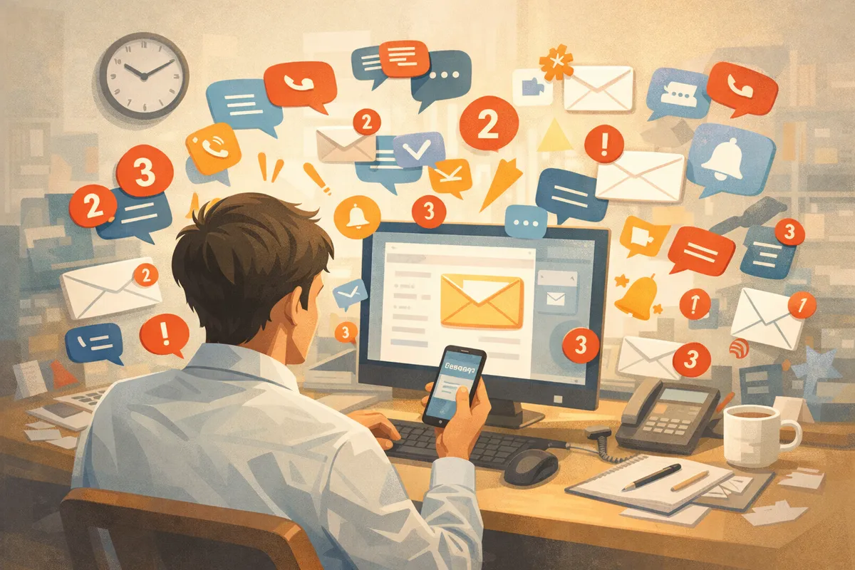 机でスマホとPCに追われる人物の周囲に通知アイコンが漂い、手前の散らかった作業面から奥の淡い背景へ視線が抜ける