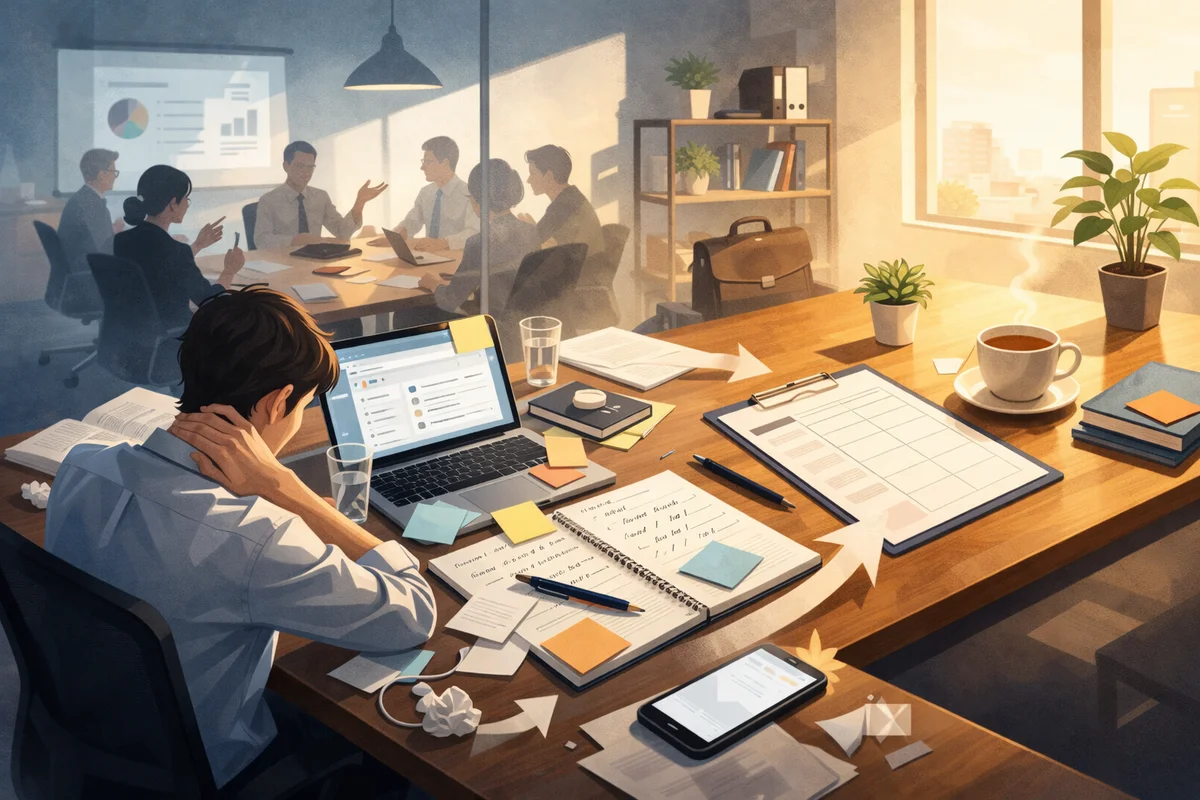 会議室のざわめく空気が奥に残るオフィスで、手前の机にノートや付箋が散り、窓際の明るい光へ奥行きが続く