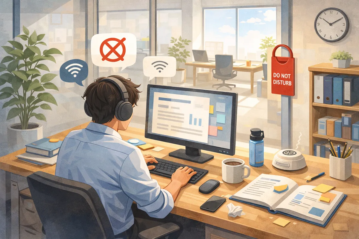 ヘッドホンの人物が整った机で画面に向かい、周囲の控えめな通知アイコンと奥の窓明かりが静かな奥行きをつくる