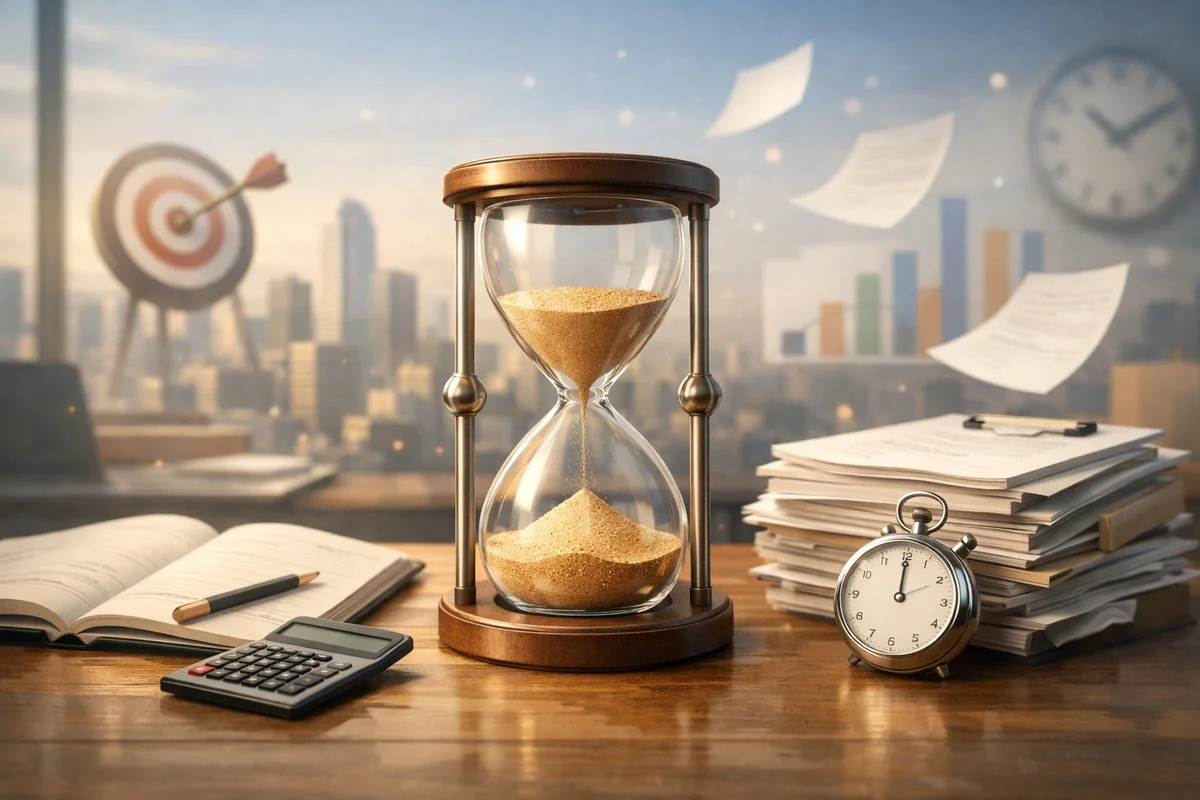 机の上の砂時計を主役に、奥へ書類や街並みがぼんやり続く静かな作業空間