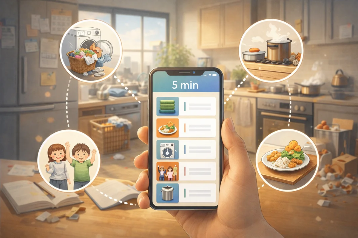 キッチン中央のスマホを主役に、奥へ洗濯かごや鍋の気配が続く、静かに整った家事の空間