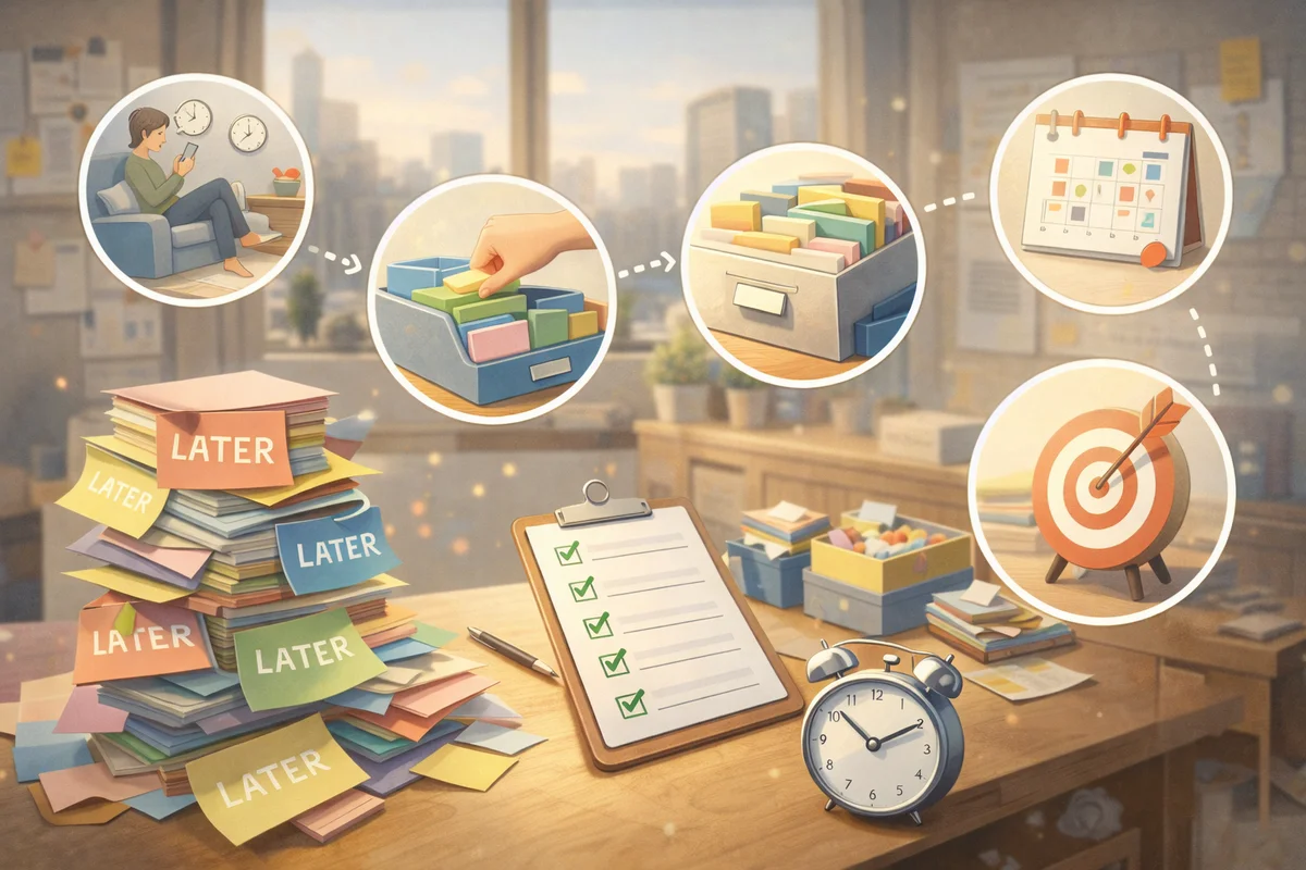 机上の「LATER」付せんの山を主役に、奥へ整理箱やチェックリストが続く回収の流れがある空間