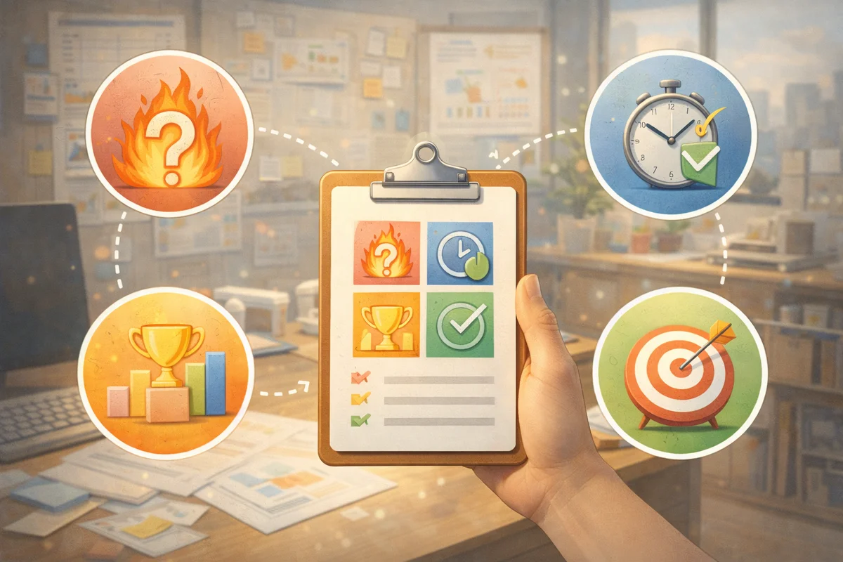 手元のクリップボードを主役に、奥へ散らばるメモや資料がぼんやり続く判断の整理空間