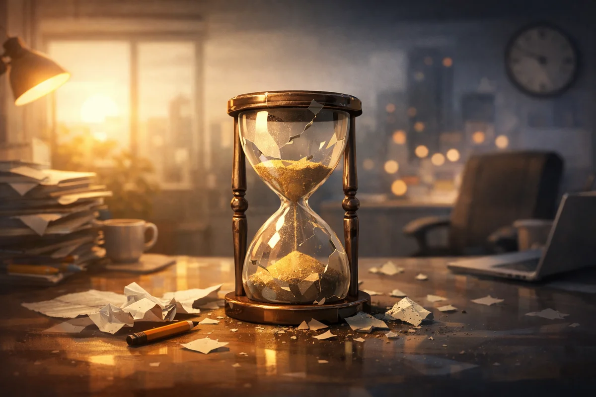 ひび割れた砂時計が散らかった机の中央に立ち、奥へぼやけたオフィス空間が抜ける、静かな光
