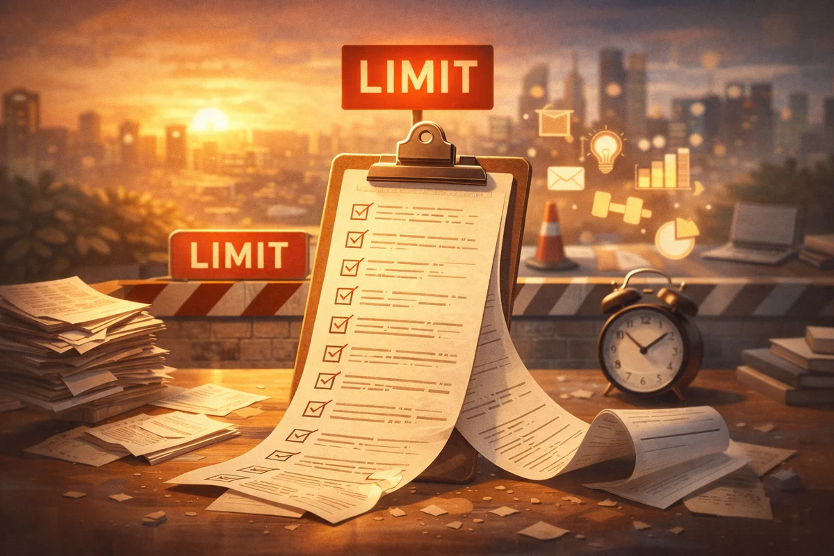 チェックが並ぶ長いリストのクリップボードが机に立ち、奥の街並みへ視線が抜ける手前に制限標識が浮かぶ静かな一枚