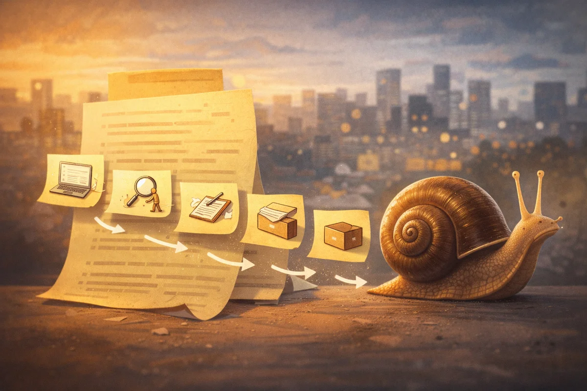 大きなカタツムリが手前を進み、奥にぼやけた街並みへ抜ける空間に、小さな手順アイコンの付箋が連なる一枚