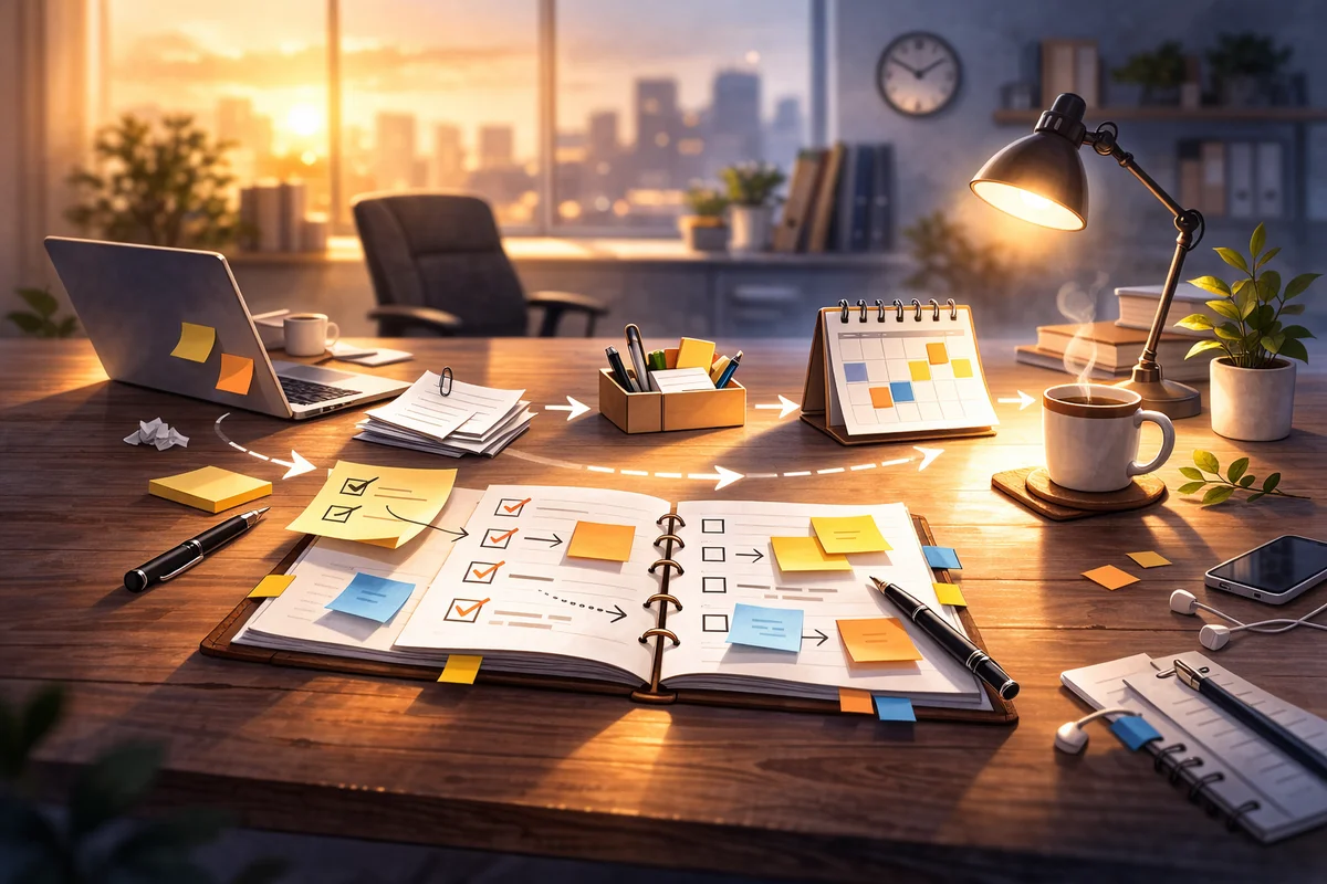 机の上に砂時計と書類トレー、開いたノートが整い、奥のオフィスへ柔らかな光が抜ける中で紙が流れるように配置された一枚