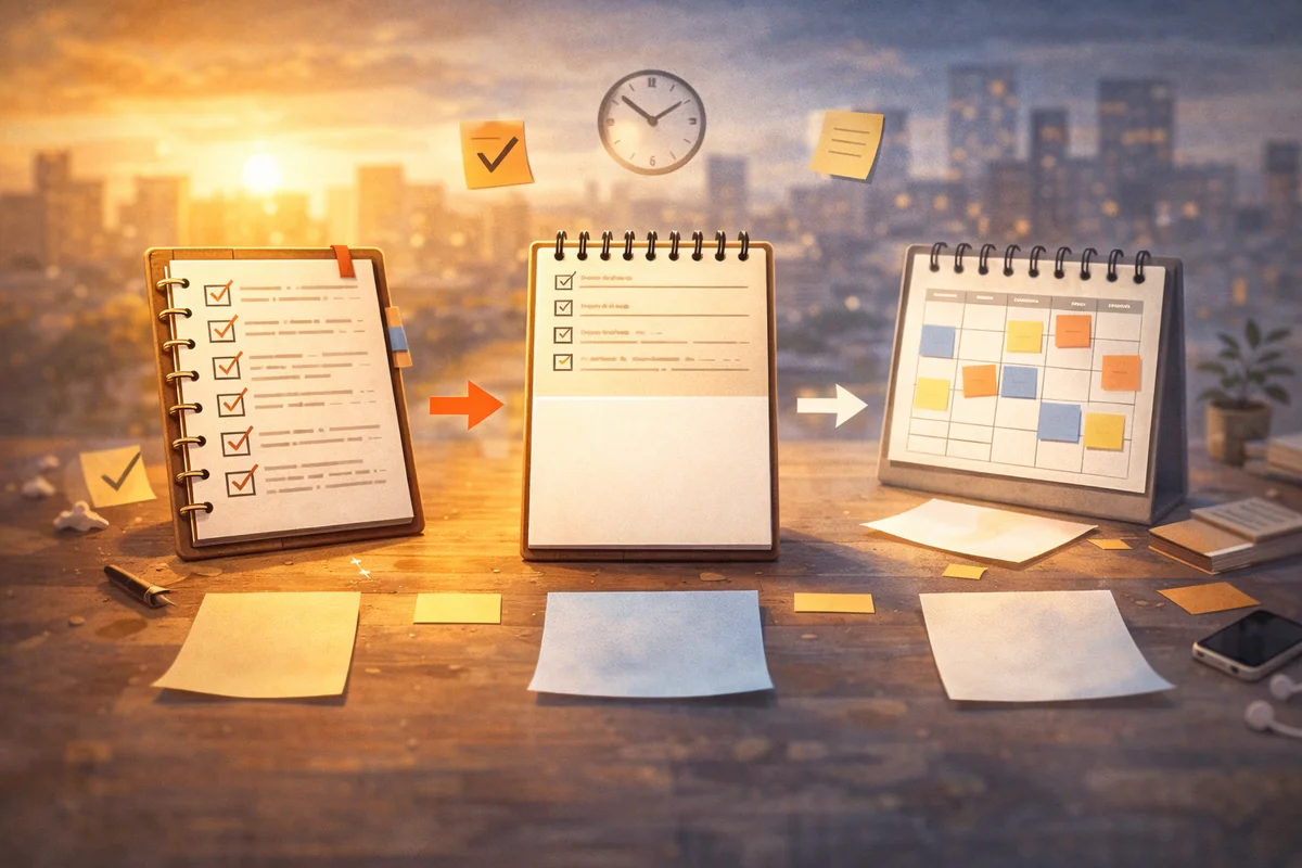 机の上に3つの手帳が距離を置いて並び、奥の夕景へ光が抜ける中で空白のページが余白として強調される構図