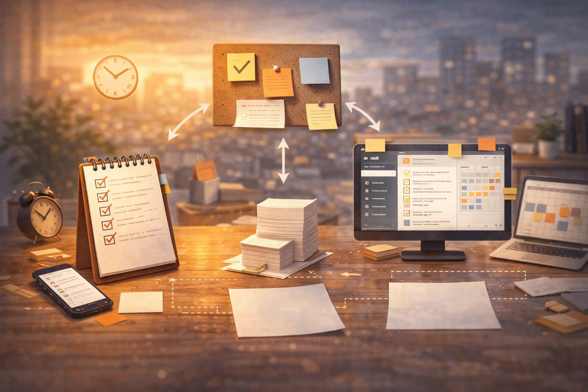 手前の机にメモ帳と付箋、画面端の端末が並び、奥へぼやけた街明かりが抜ける中で記録の置き場所が散らばる一枚