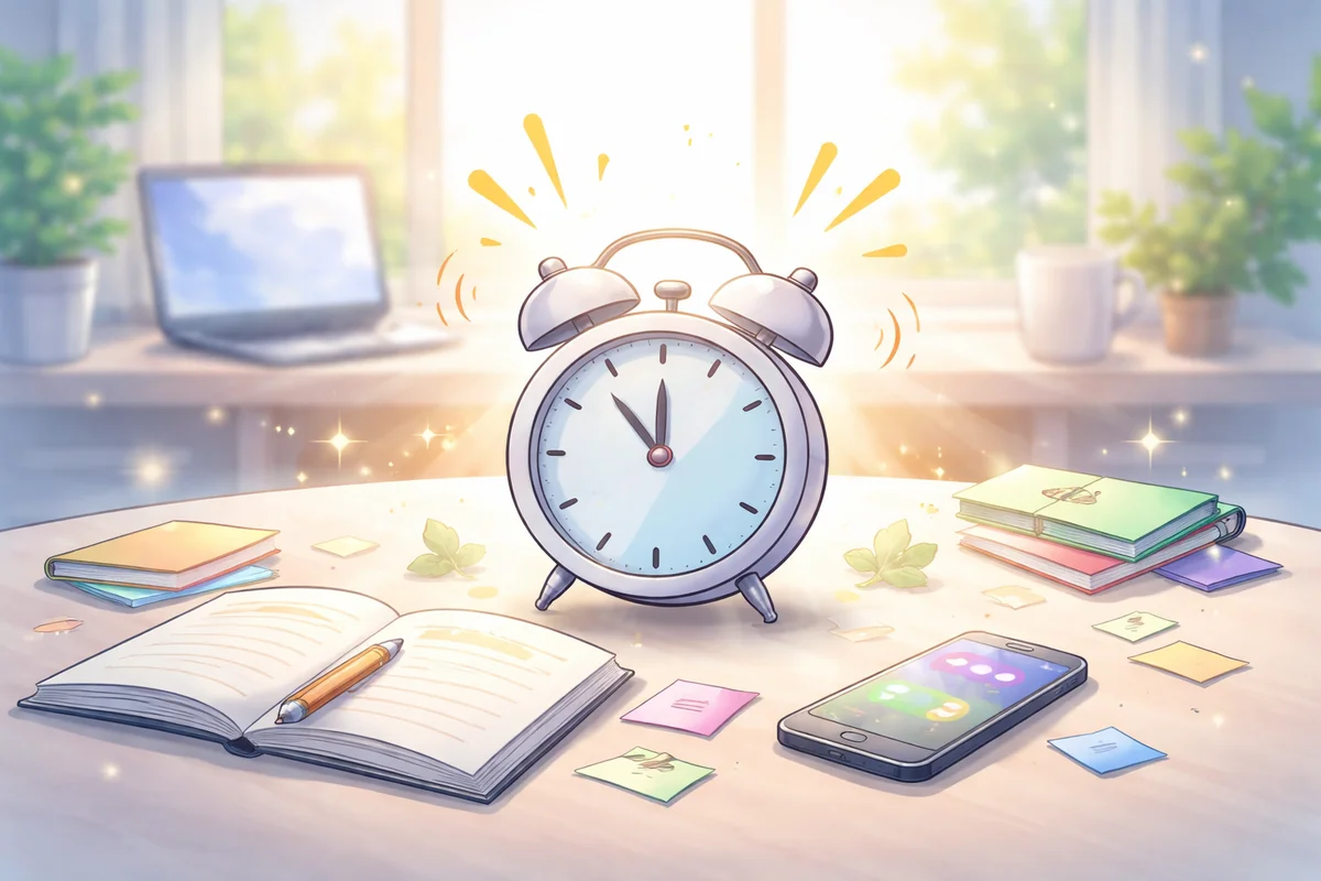 机上中央の小さな目覚まし時計が主役で、奥に窓光が抜ける静かな作業空間のイラスト