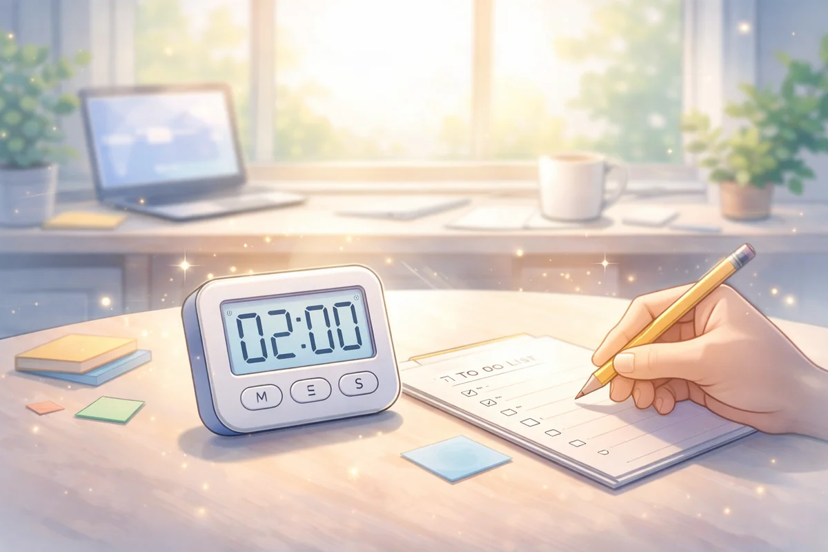 机上の白いデジタルタイマーが主役で、奥に窓光が広がる静かな作業空間のイラスト