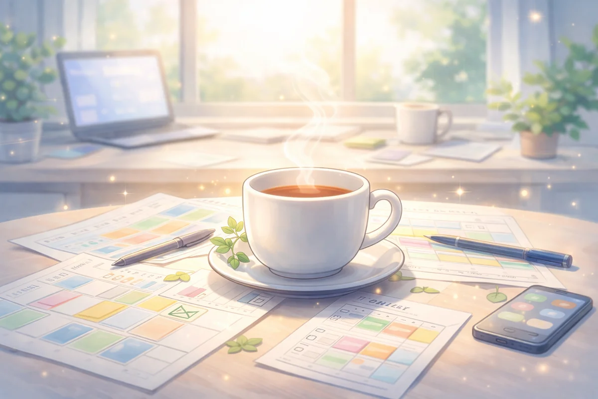 予定表の紙の上に置かれた白い湯のみが主役で、奥へ光が抜ける落ち着いた机上風景のイラスト