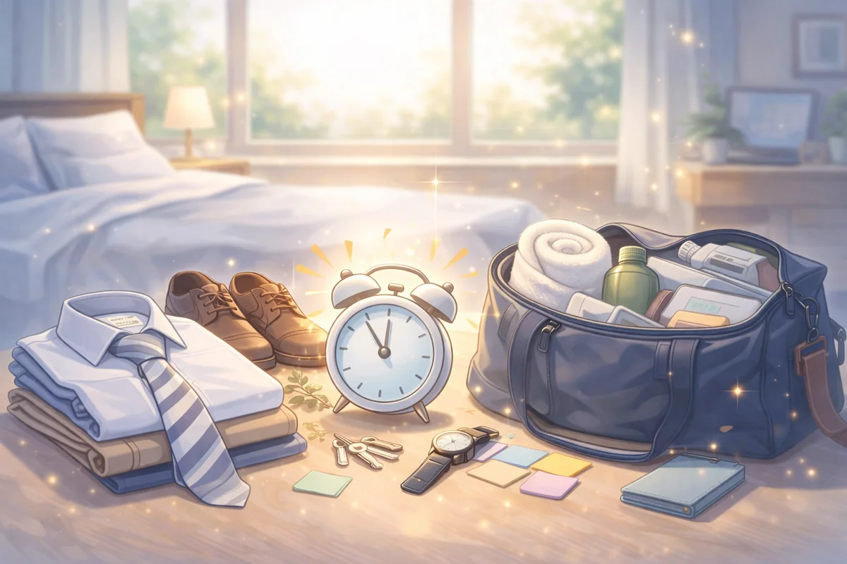 寝室の床に置かれた目覚まし時計が主役で、服やバッグが奥へ整然と並ぶ朝支度の風景イラスト