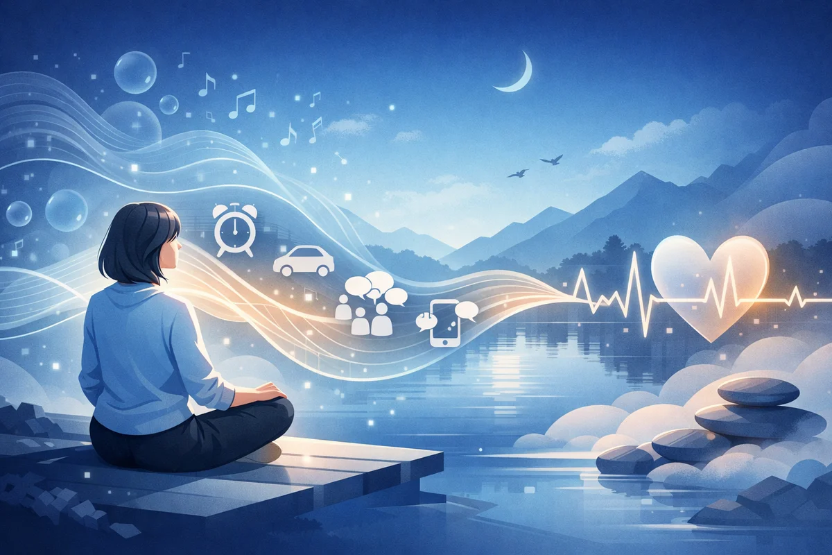 音の波が日常音を通り心拍のリズムへと変わる様子をイメージしたイラスト