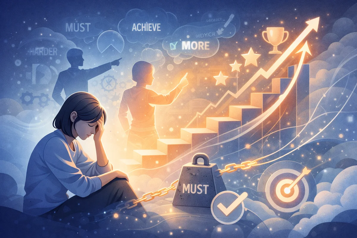 階段状の成長目標と鎖でつながれた人物を対比したイラスト