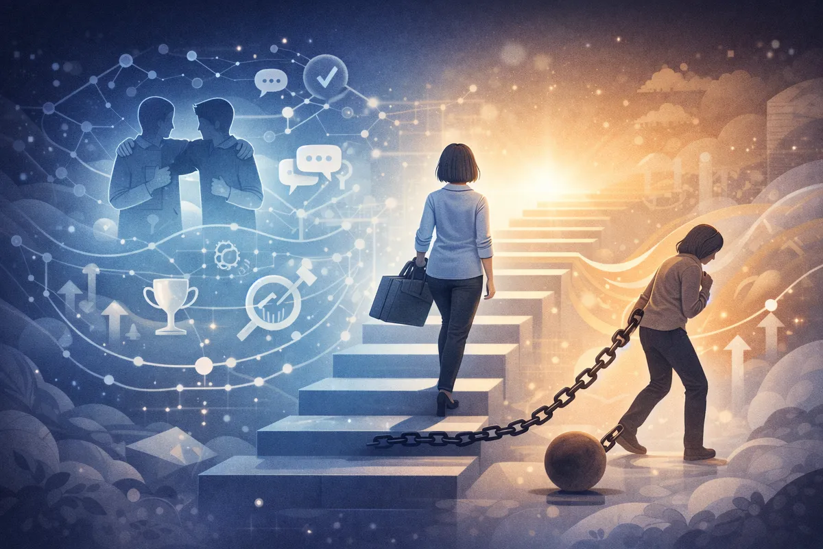 一人で階段を進む人物と助け合う人々を対比したイラスト