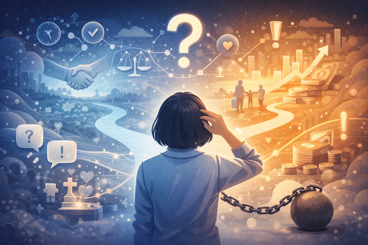 分かれ道で選択に迷う人物と分岐する道を描いたイラスト