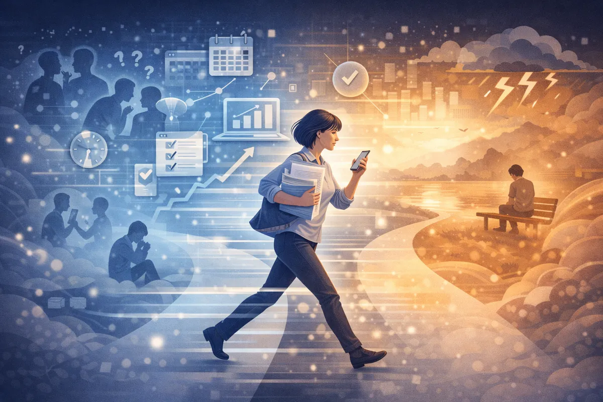 動き続ける人物と心を表す抽象的なノイズを対比したイラスト