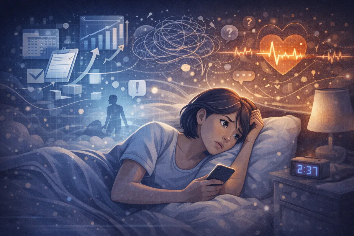 深夜に眠れず考えごとをする人物と心身の緊張を描いたイラスト