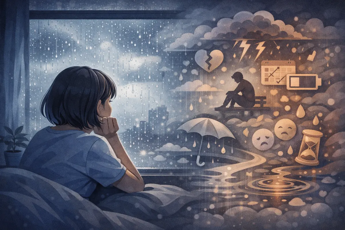 雨の日に窓辺で物思いにふける人物と重なる感情の象徴を描いたイラスト