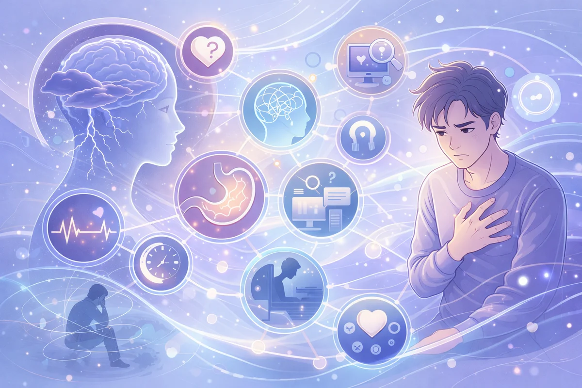 胸に手を当てる人物と脳や心拍を象徴する図形が連結された構図のイラスト