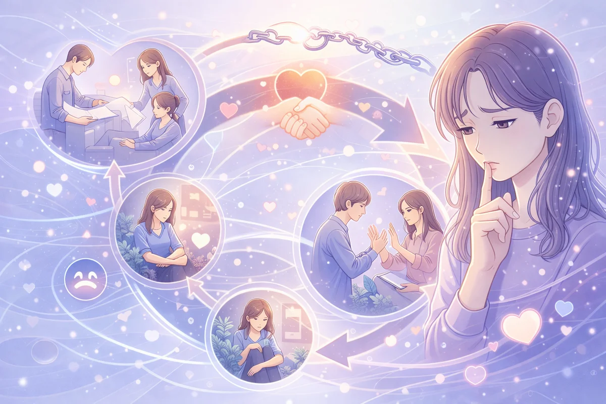 押し黙る人物の背後に繰り返し交差する人影と輪状の図形が重なる構図のイラスト