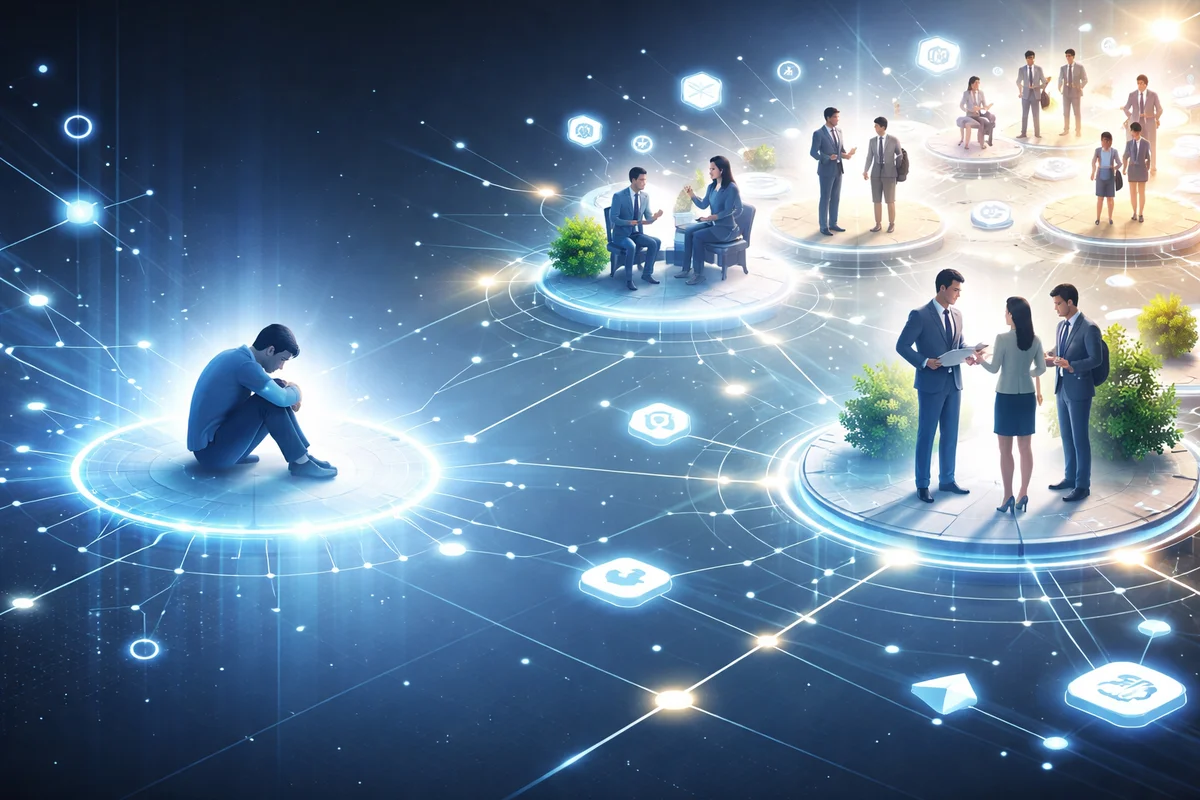 デジタル空間に孤立した人物と対話する集団を対比したイラスト