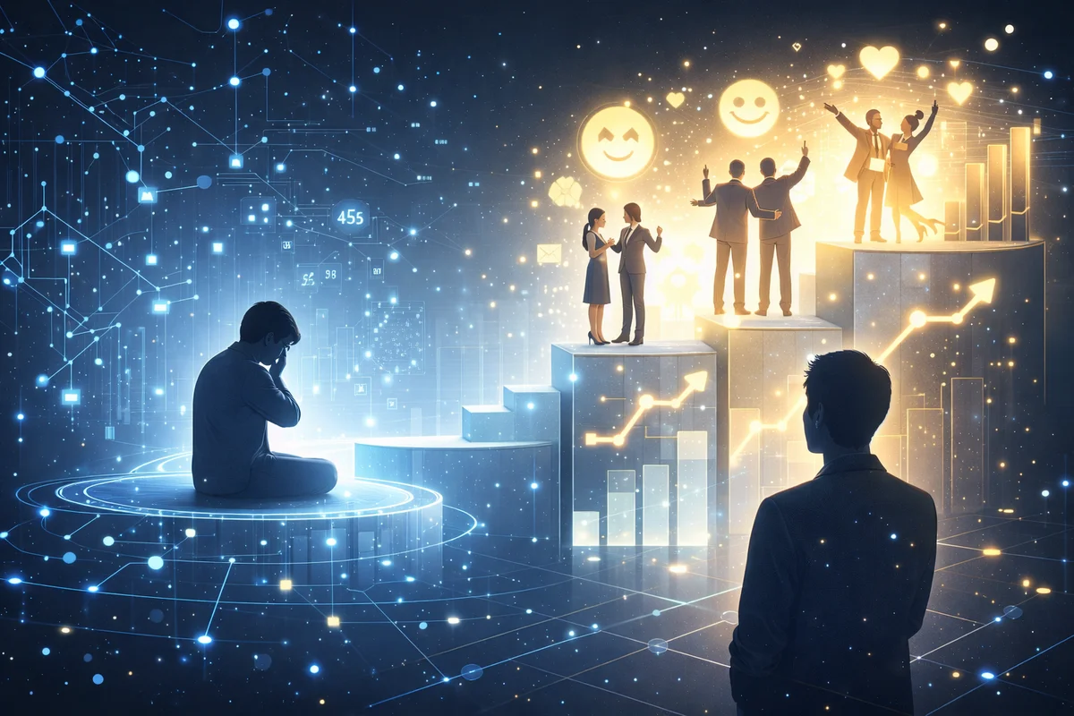 上昇する人物群と座り込む人を対比的に描いたイラスト