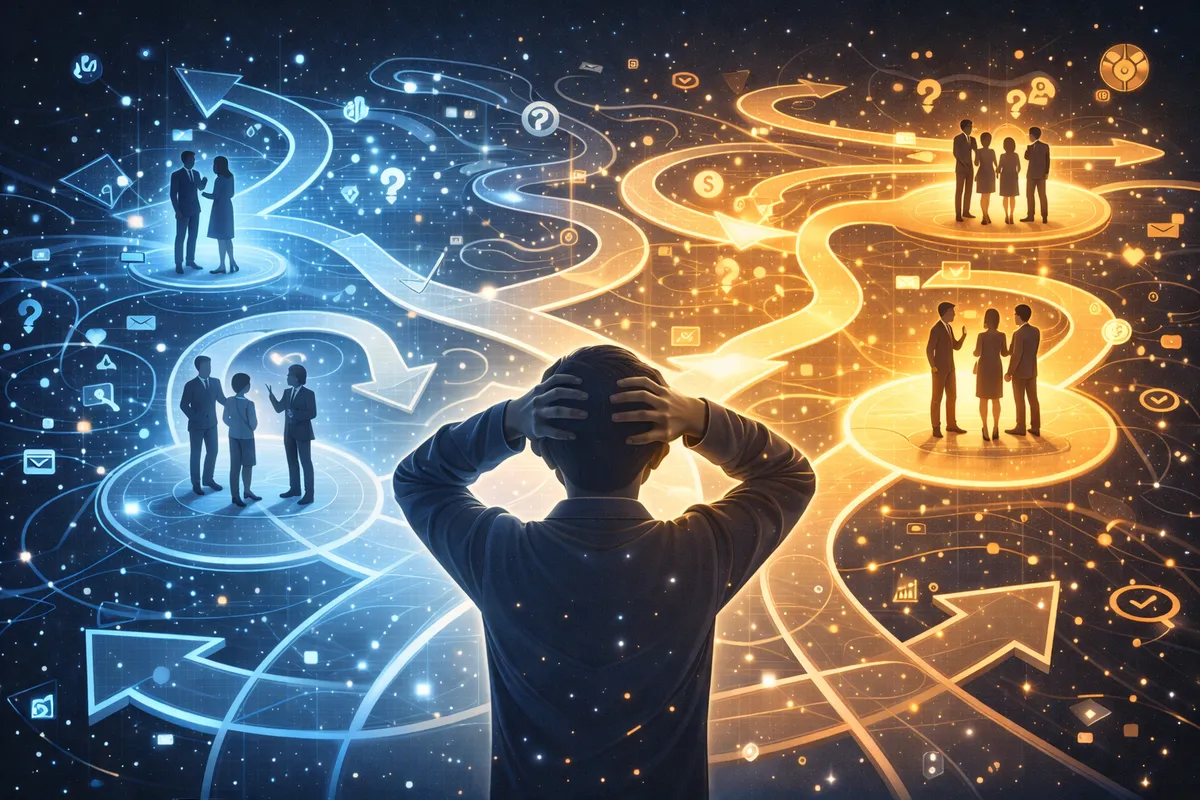 複数の分岐する道と人々の対話を描いた迷路状のイラスト