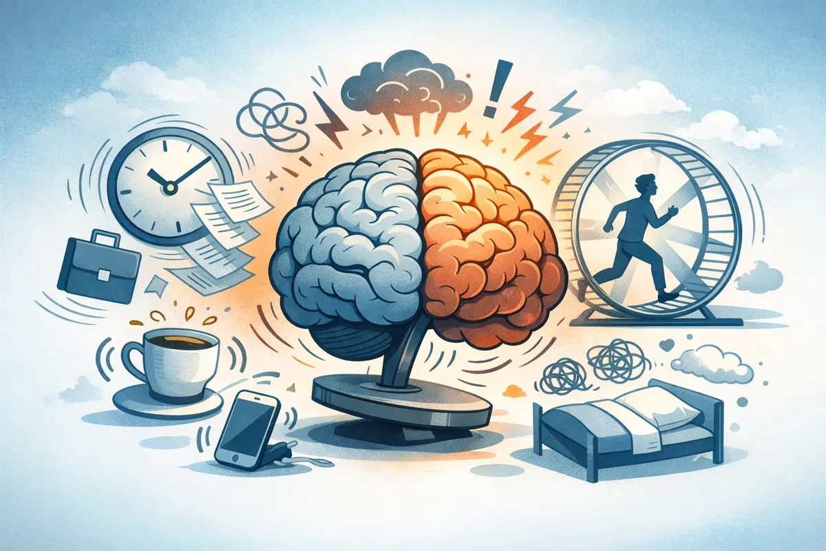 忙しさの中で脳が揺れ動き、行動が続くほど落ち着きが失われていく状態を象徴的に描いたイラスト