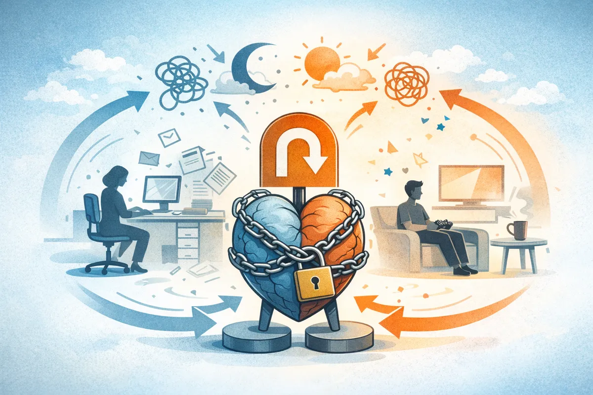 仕事と休息の間で心が留まり、状態の切り替えが進まない様子を象徴的に表したイラスト