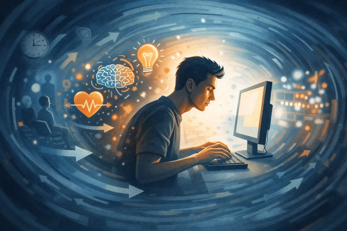 一点に集中する脳の働きが強まり、周囲の刺激が背景へ溶けていく様子を表したイラスト