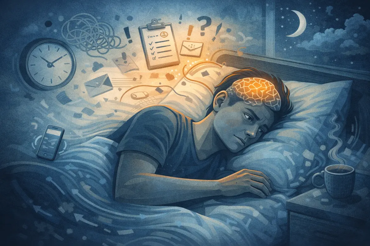 眠っている間も思考が巡り続け、脳だけが活動したまま休めていない夜の状態を象徴的に描いたイラスト