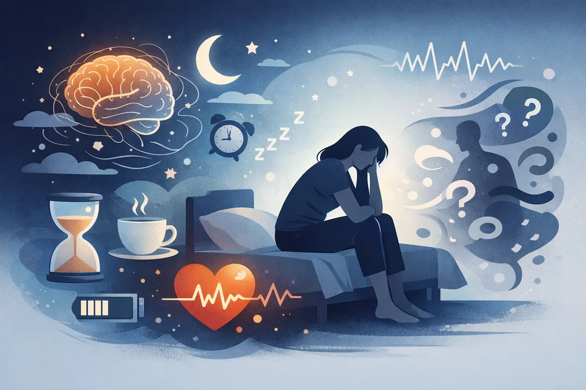 夜の空気の中で思考が広がり、心身の消耗が重なっていく様子を象徴的に描いた構図