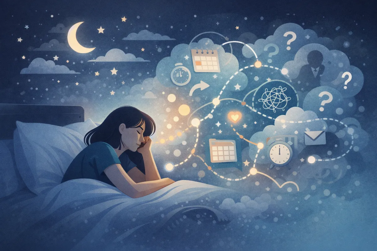 横たわる人物の周囲に思考の流れが広がり、静かな空間で意識が動く様子を示す構図