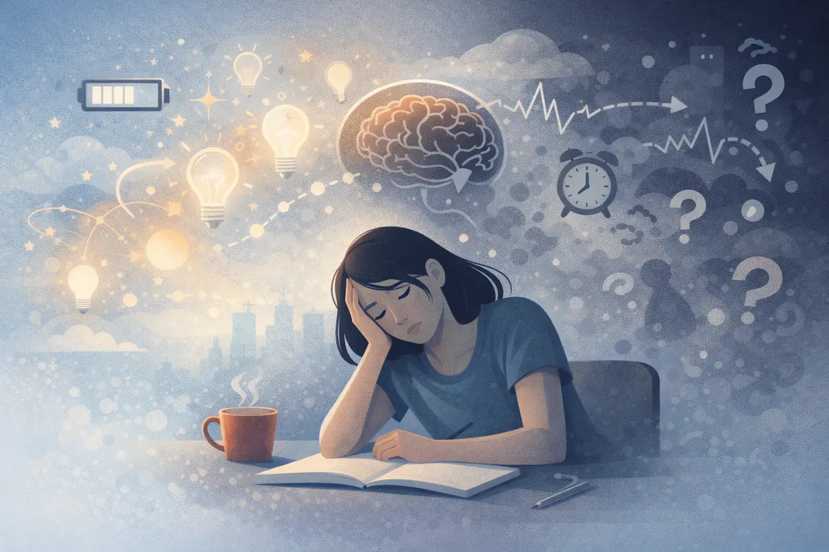 思考の明るさと疲労のにごりが同時に漂い、集中が途切れやすい状態を象徴的に示した構図