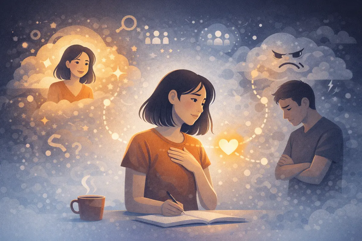 周囲の感情の変化を受け取りながら、相手との距離や心の動きを静かに感じ取る様子を表した構図